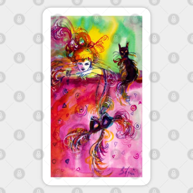 LADY WITH MASK AND BLACK CAT  Venetian Masquerade Night in Pink Sticker by BulganLumini